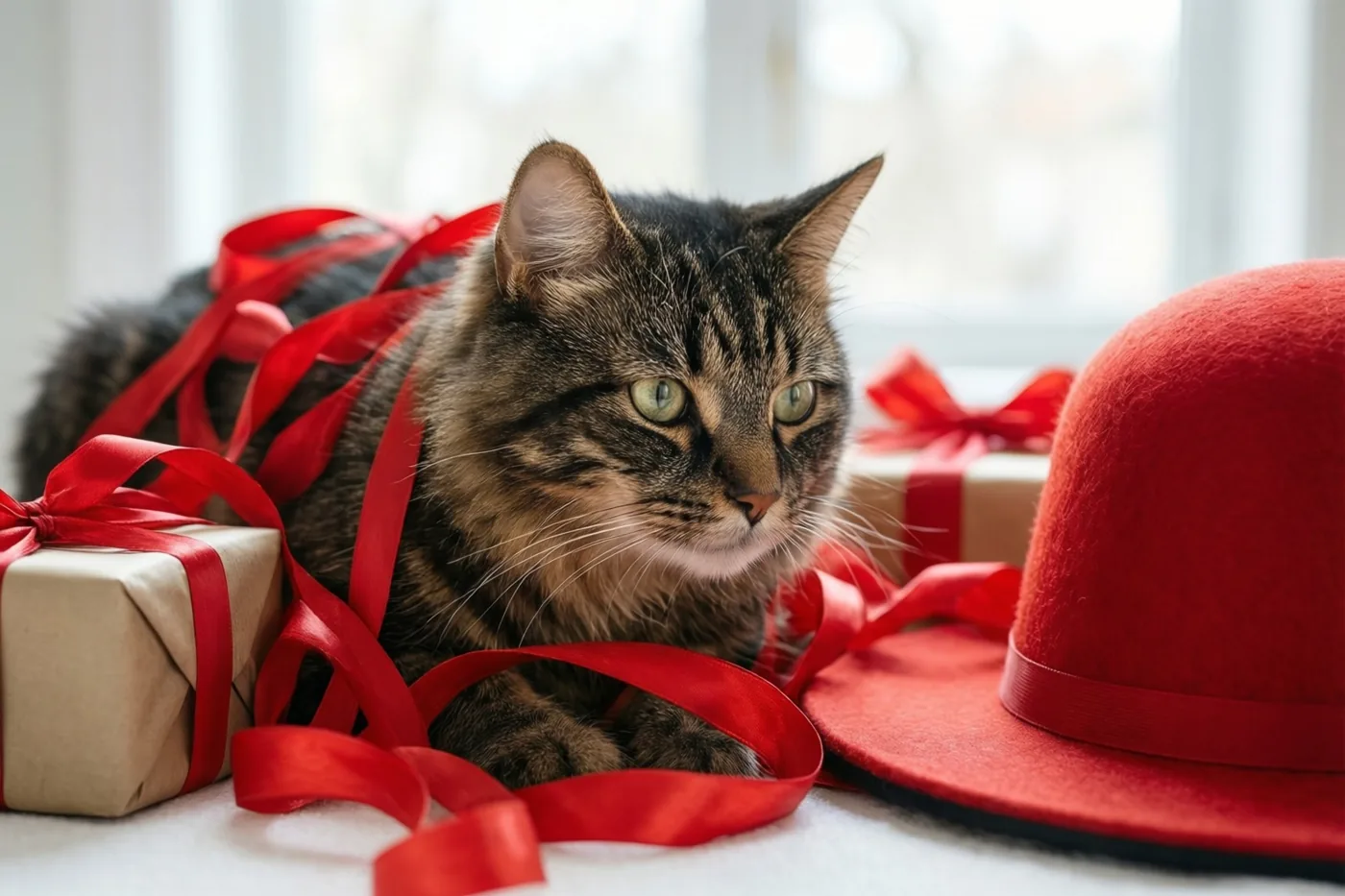 Een gestreepte kat ligt tussen rode linten, half ingepakte cadeaus en een rode vilten hoed op een witte ondergrond, met een helder raam op de achtergrond.