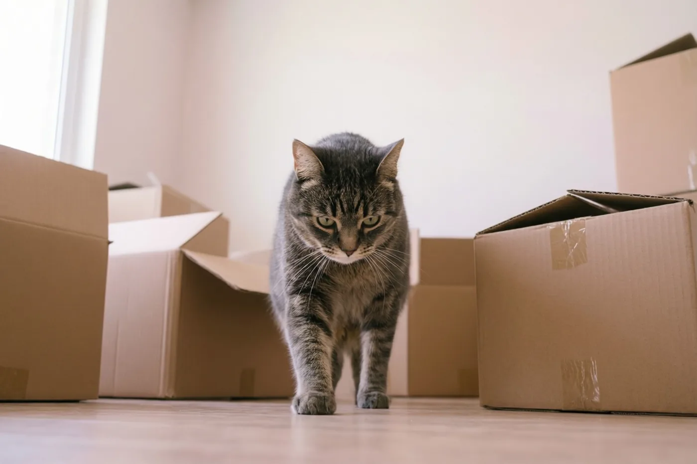 Een gestreepte kat loopt over een houten vloer tussen open kartonnen dozen in een lichte, minimalistische kamer.