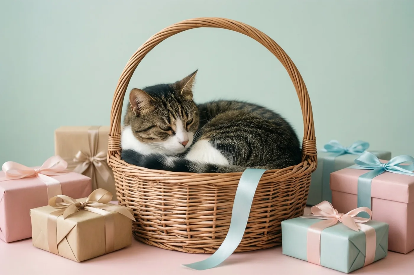 Een gestreepte kat met witte vlekken slaapt in een rieten mand met lichtblauw lint op een roze ondergrond, tussen cadeaudoosjes met pastelkleurige linten.