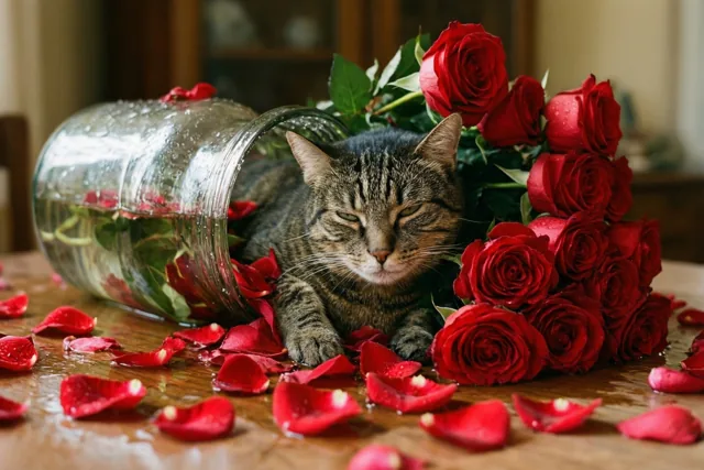 Een bruin-zwart gestreepte kat ligt tussen rode rozen, losse bloemblaadjes en water op een houten tafel naast een omgevallen glazen vaas.