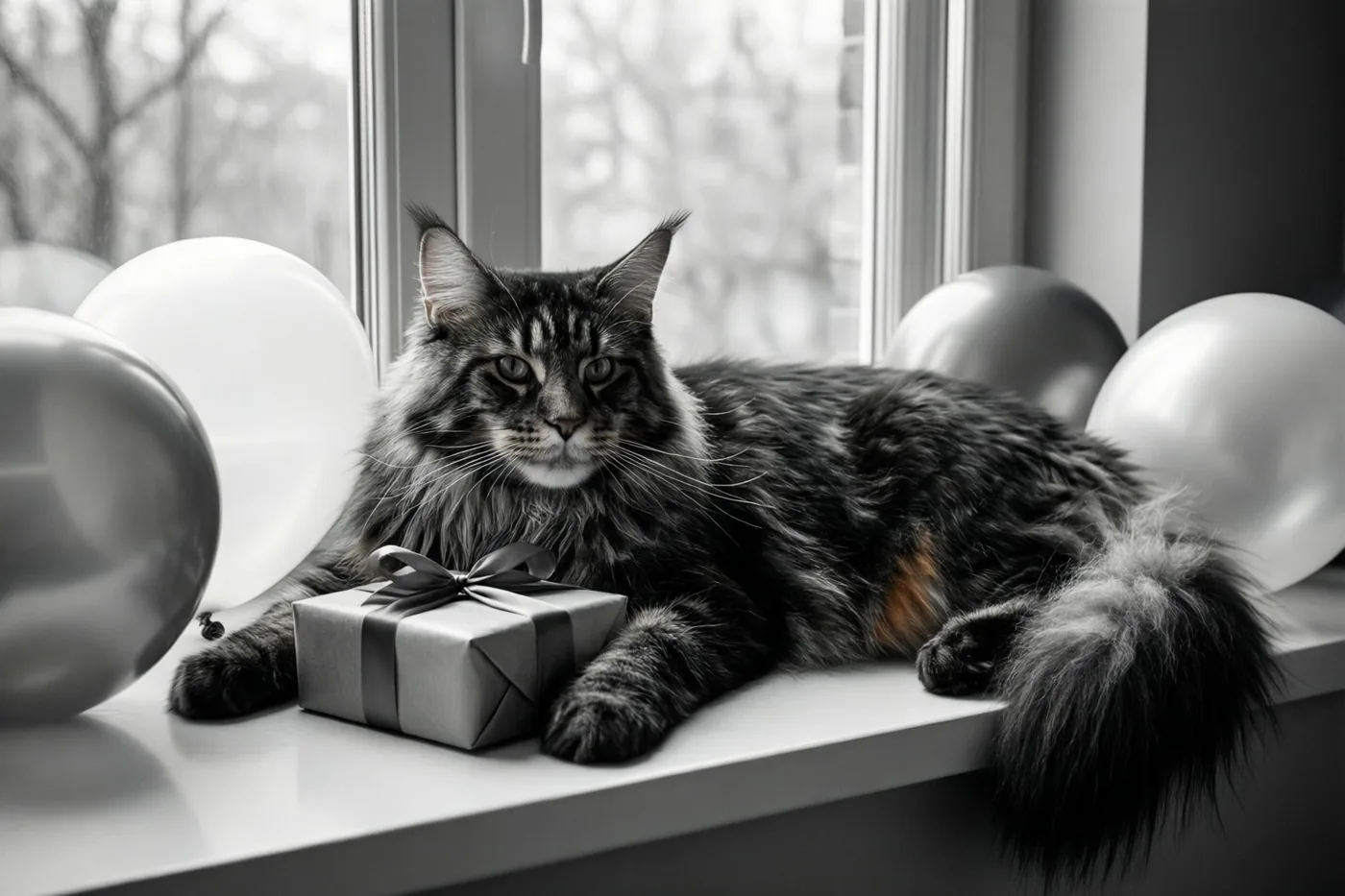 Op een zwart-witfoto ligt een pluizige Maine Coon op een vensterbank tussen witte en zilveren ballonnen, met een ingepakt cadeau bij de poten.