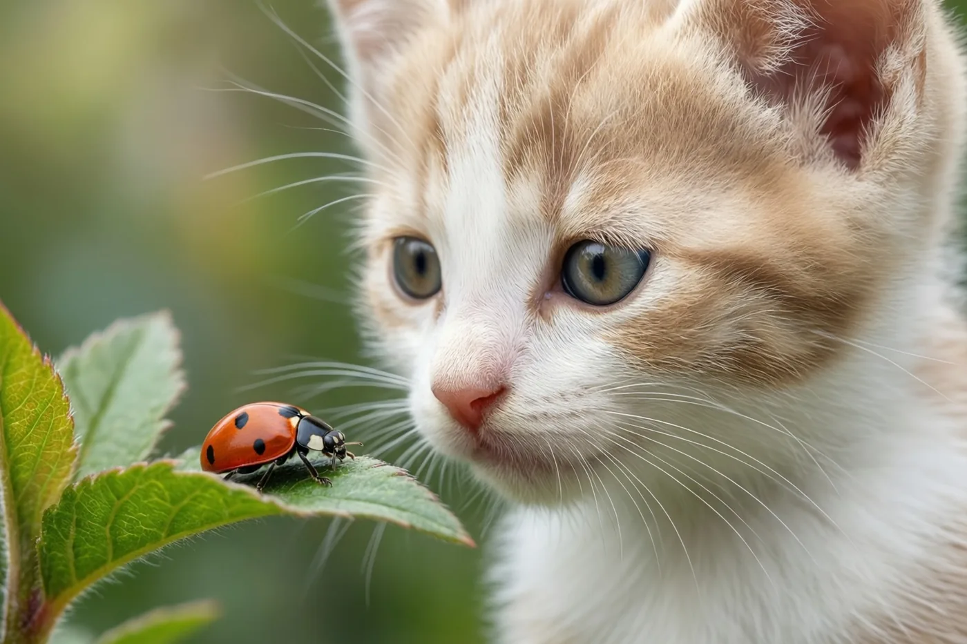Een klein oranje-wit katje kijkt aandachtig naar een rood lieveheersbeestje op een groen blad tegen een onscherpe groene buitenachtergrond.