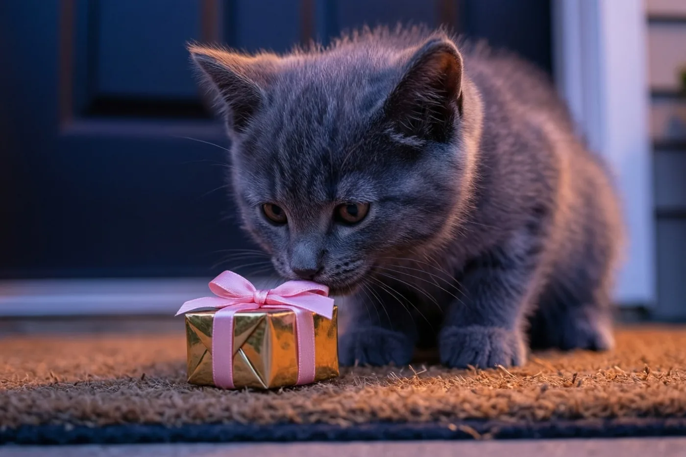 Een klein grijs katje snuffelt aan een goudkleurig cadeaudoosje met een roze strik op een bruine deurmat.