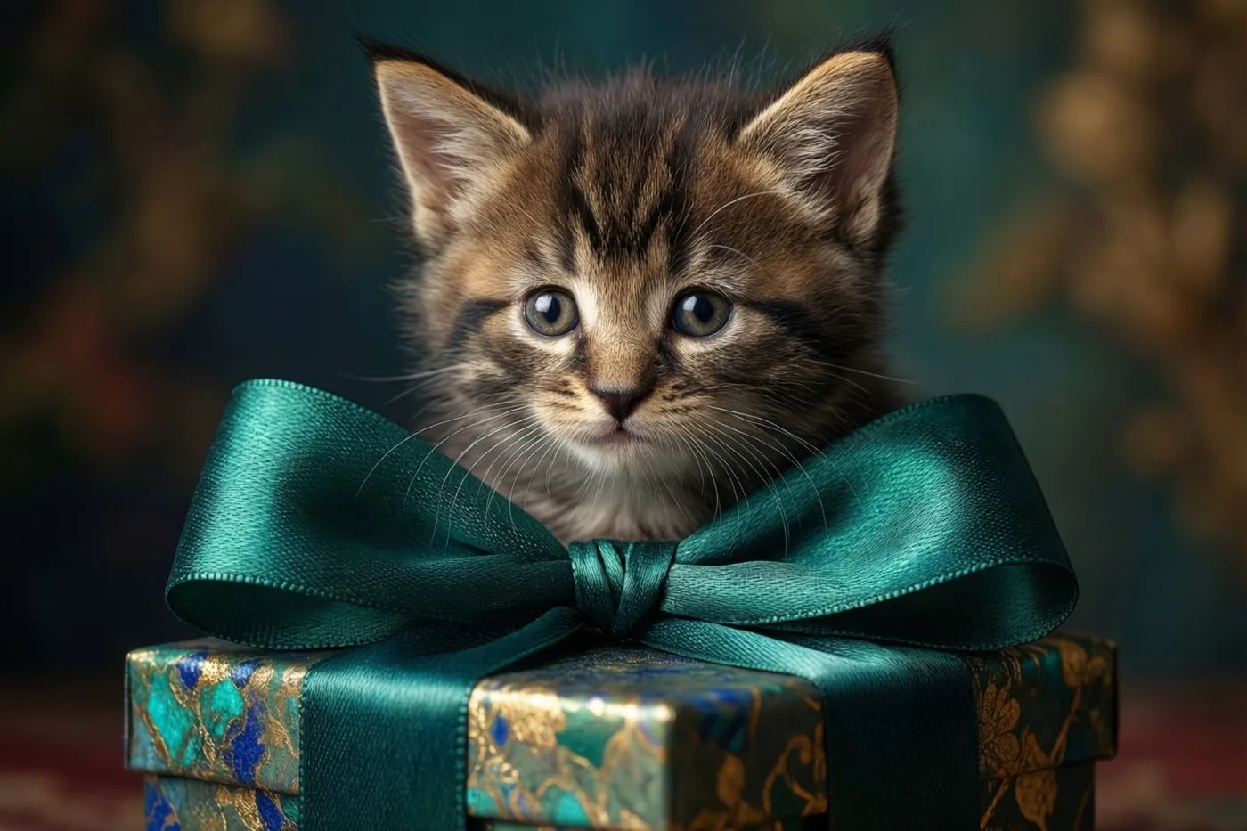 Een klein gestreept katje piept uit een versierde geschenkdoos met een grote groene strik tegen een zacht onscherpe achtergrond met warme en koele tinten.
