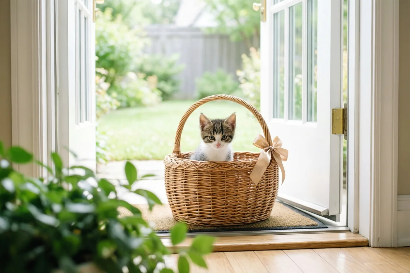 Een gestreept katje met een witte borst kijkt uit een rieten mand met een beige lint op een deurmat bij een open deur, met zicht op een groene tuin.