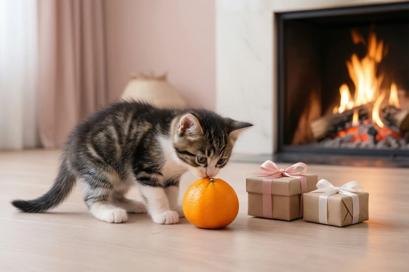 Een klein gestreept katje snuffelt aan een oranje mandarijn naast twee ingepakte cadeautjes op een lichte houten vloer, met een haardvuur op de achtergrond en zachte roze en oranje tinten.