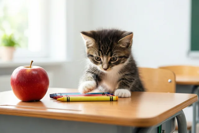 Een klein gestreept katje zit op een houten schoolbank en tikt tegen een rij gekleurde waskrijtjes naast een glanzende rode appel, met daglicht uit een raam op de achtergrond.