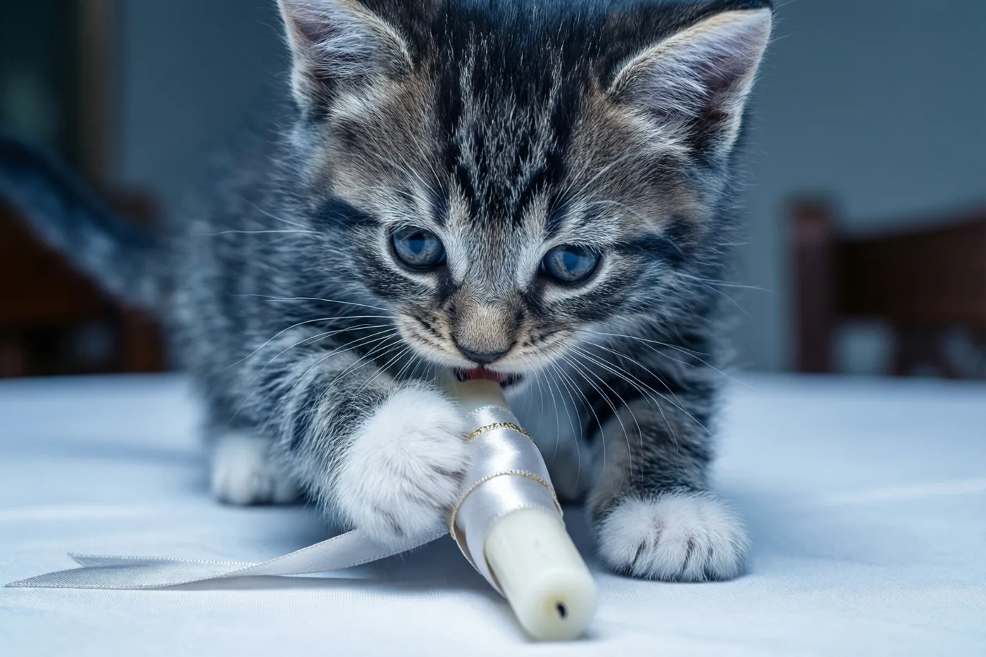Een klein gestreept katje met blauwe ogen bijt in en slaat met zijn pootje naar het satijnen lint van een witte communiekaars op een wit tafelkleed, in zacht blauwachtig licht.