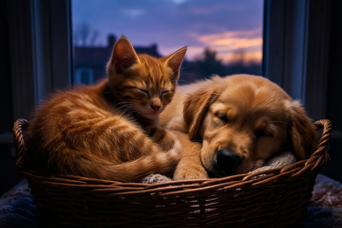 Een ros katje en een goudkleurige puppy slapen samen opgerold in een rieten mand bij een raam, met een paars-oranje schemerlucht op de achtergrond.