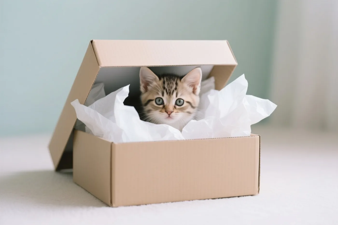 Een klein gestreept katje met grote ogen kijkt uit een kartonnen geschenkdoos met wit zijdepapier op een witte ondergrond tegen een lichtblauwe achtergrond.