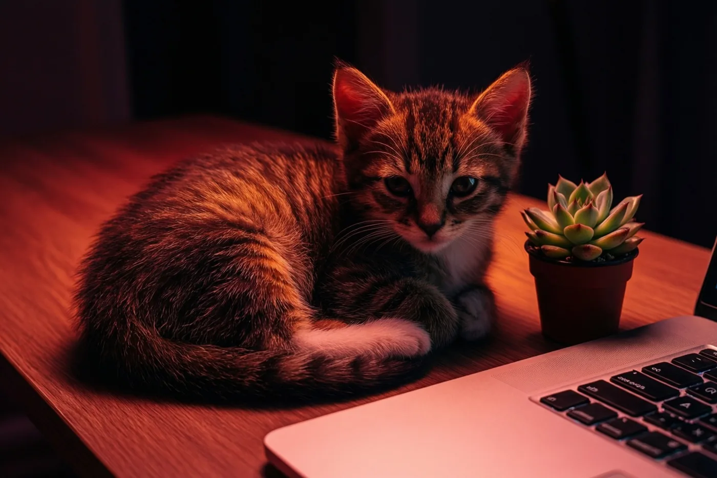 Een gestreept katje ligt opgerold op een houten bureau naast een vetplantje en een deels zichtbare laptop in warm roodoranje licht.