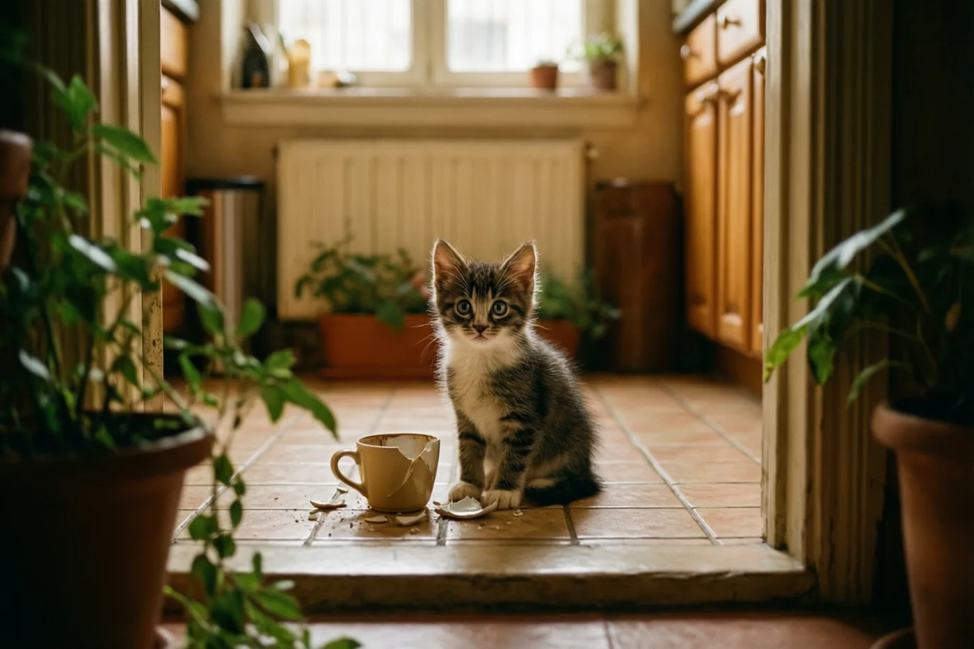 Een klein tijgerkatje zit met grote ogen naast een gebroken koffiekop op een betegelde keukenvloer, met houten kasten en potplanten in het warme raamlicht.