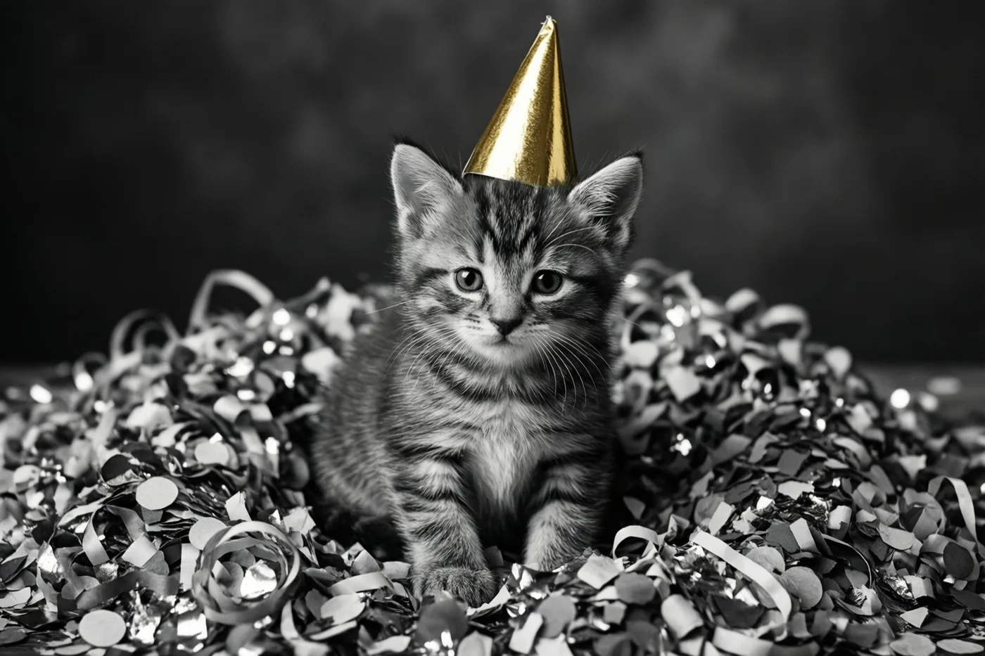 Een klein gestreept katje met een gouden feesthoedje zit tussen glanzende confetti op een zwart-witfoto waarop alleen het hoedje kleur heeft.