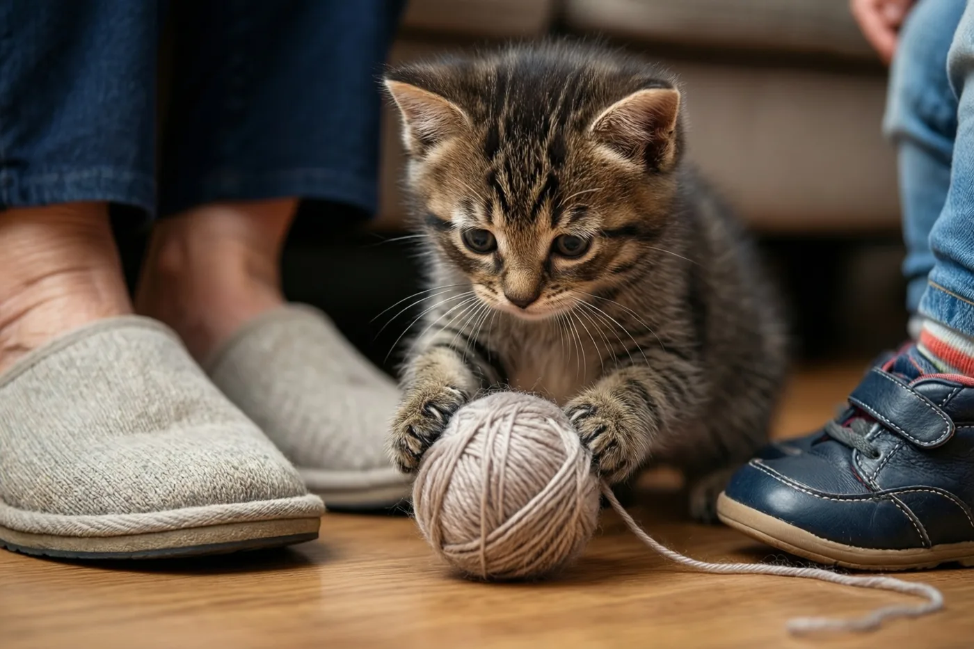 Een klein gestreept katje speelt met een beige bol garen op een houten vloer tussen grijze pantoffels voor volwassenen en een blauwe kinderschoen in warm licht.