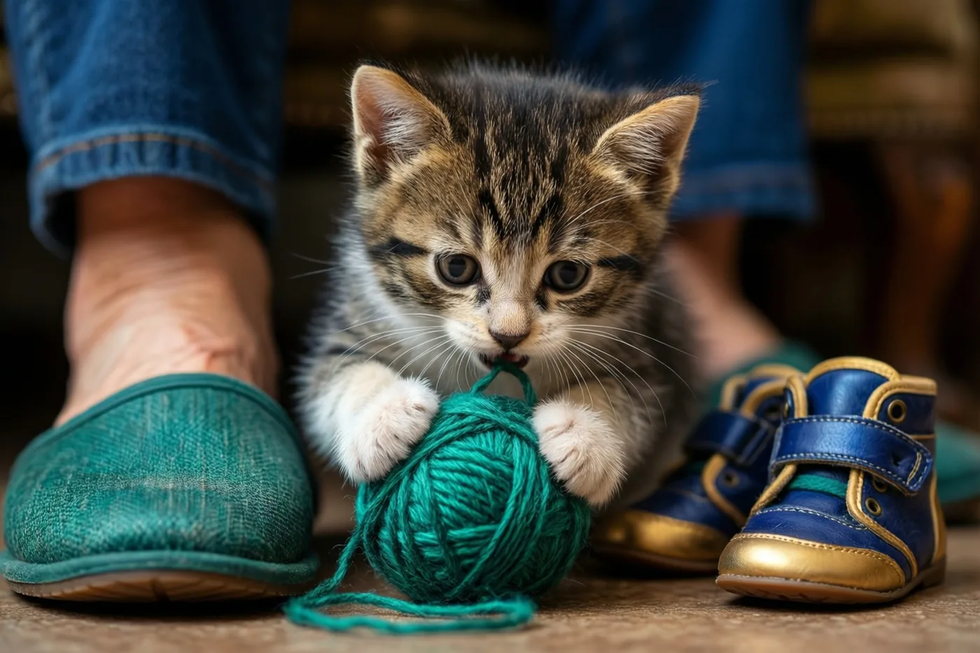 Een klein gestreept katje houdt speels een blauwgroene bol garen vast tussen blauwgroene pantoffels voor volwassenen en blauwe en goudkleurige peuterschoenen op een houten vloer in zacht, warm licht.