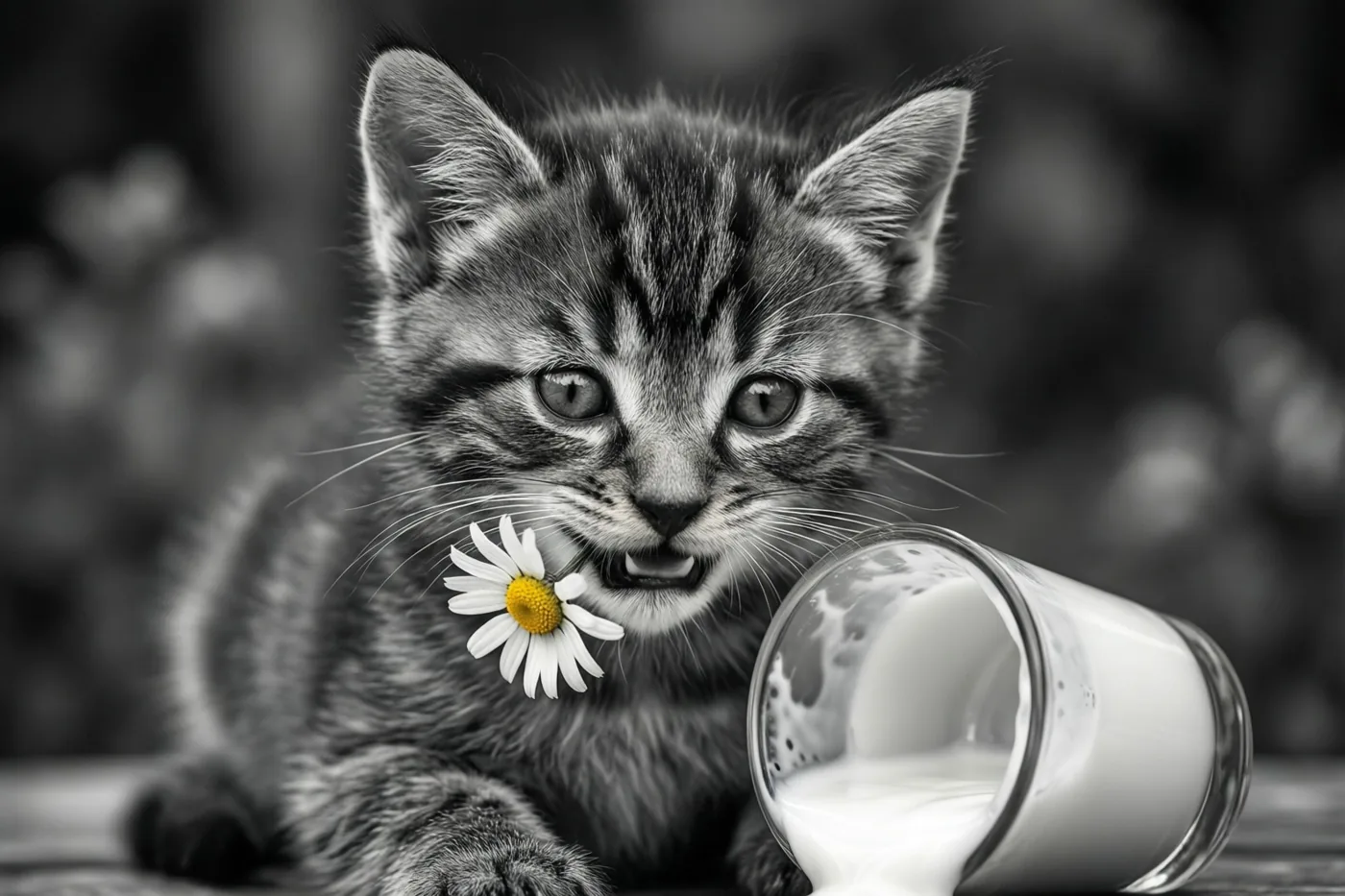 Een zwart-witfoto toont een klein gestreept katje met een madeliefje in zijn bek naast een omgevallen glas melk, tegen een zacht onscherpe achtergrond.