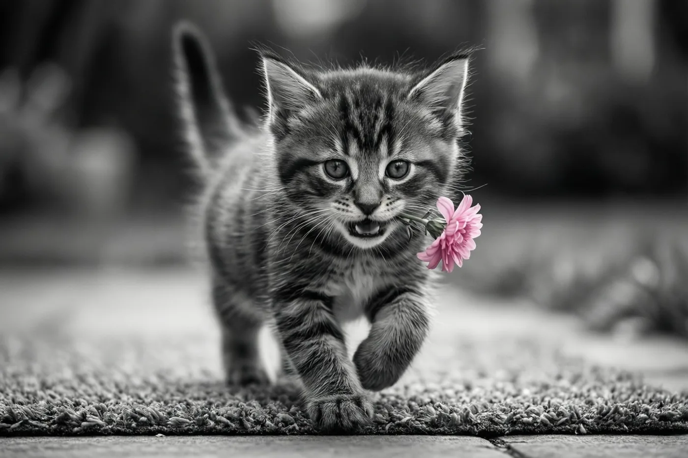 Een klein gestreept katje trippelt over een deurmat met een roze bloem in de bek op een verder zwart-witte foto.