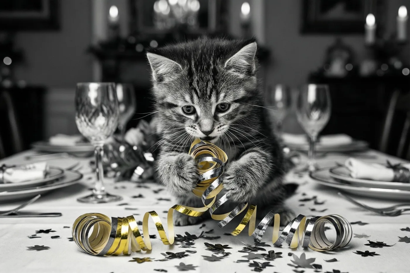 Een gestreept katje speelt op een feestelijk gedekte tafel met een goud-zilveren krulslinger, die in kleur opvalt in een verder zwart-witbeeld.
