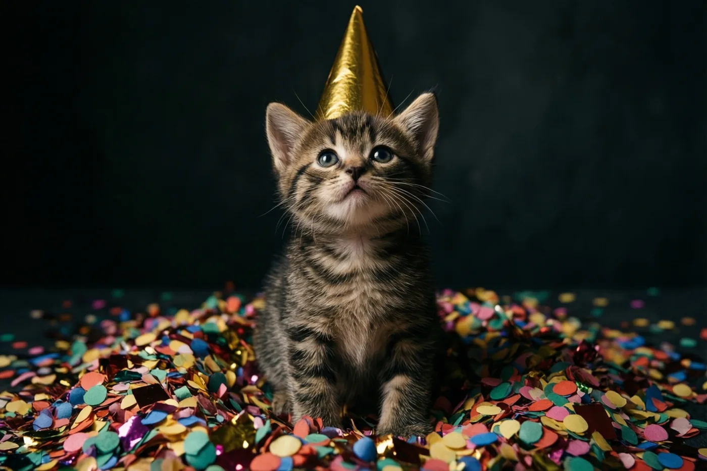 Een klein gestreept katje met een gouden feesthoedje zit rechtop in een hoop kleurrijke confetti tegen een donkere achtergrond.