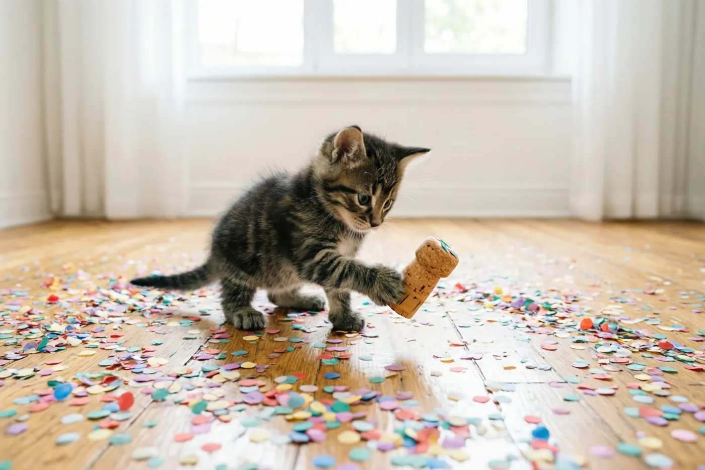 Een klein gestreept katje tikt tegen een champagnekurk op een houten vloer met kleurrijke confetti, bij een raam met witte gordijnen.