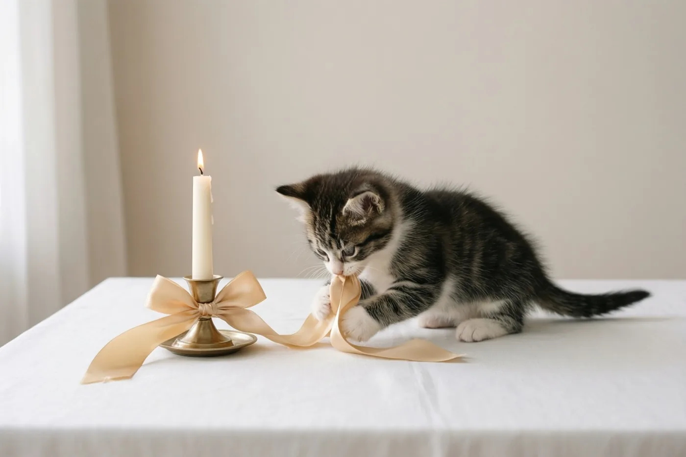Een klein gestreept katje speelt met een lichtbeige satijnen lint rond een brandende witte communiekaars in een messing kandelaar op een wit tafelkleed.