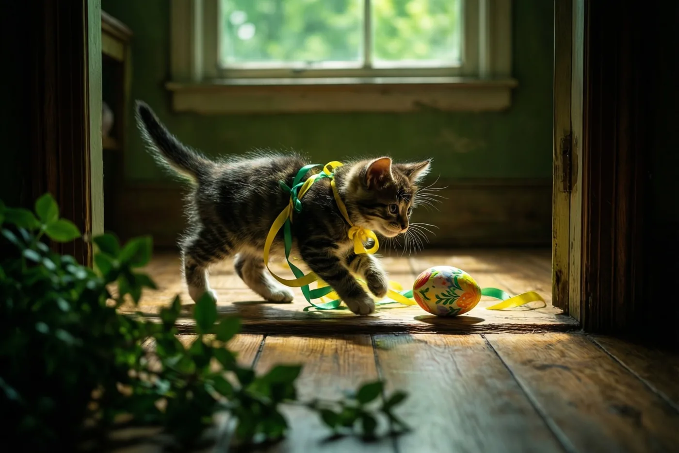 Een gestreept katje met een geel en groen lint loopt over een houten vloer naar een beschilderd paasei, met zonlicht door een raam, groene muren en bladeren op de voorgrond.