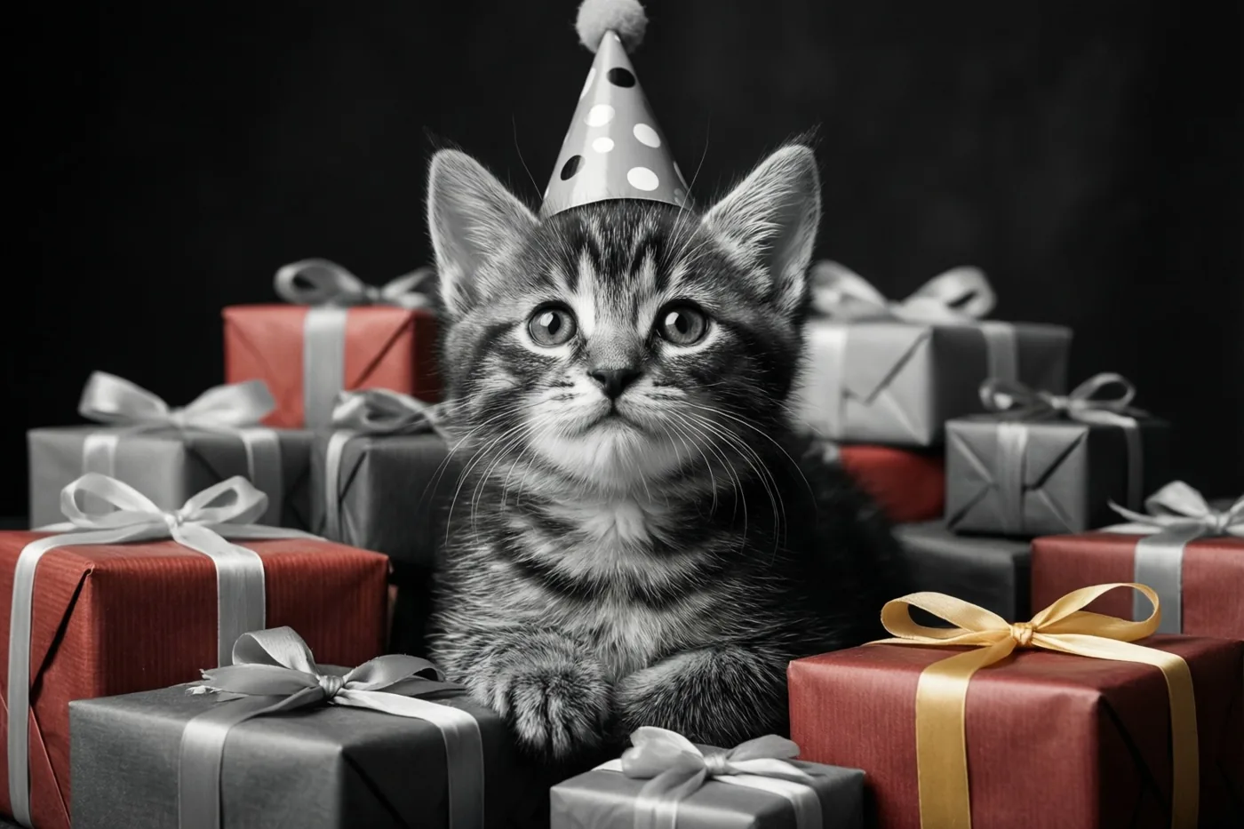 Een klein gestreept katje met een gestippeld feesthoedje zit tussen ingepakte cadeaus tegen een donkere achtergrond, waarbij rode en gouden linten in kleur opvallen.