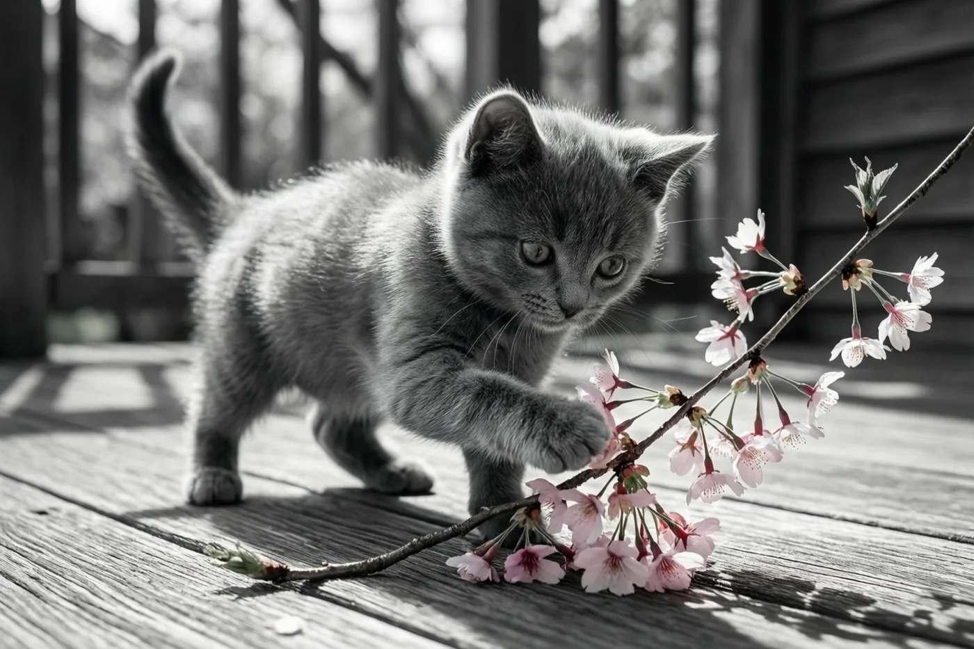 Een grijs katje tikt tegen een tak met roze kersenbloesems op een houten veranda, in een zwart-witbeeld waarin alleen de bloemen roze zijn.