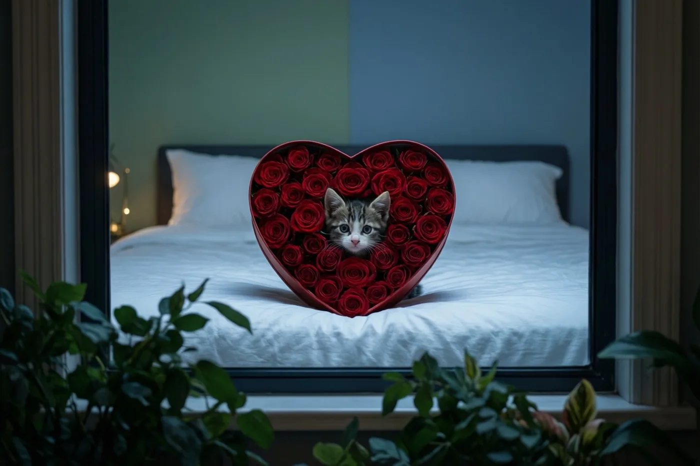 Door een raam met groene planten op de voorgrond is een gestreept katje te zien in een hartvormige doos vol rode rozen op een wit bed, in een zacht verlichte kamer met gedempte blauwe en groene muren.