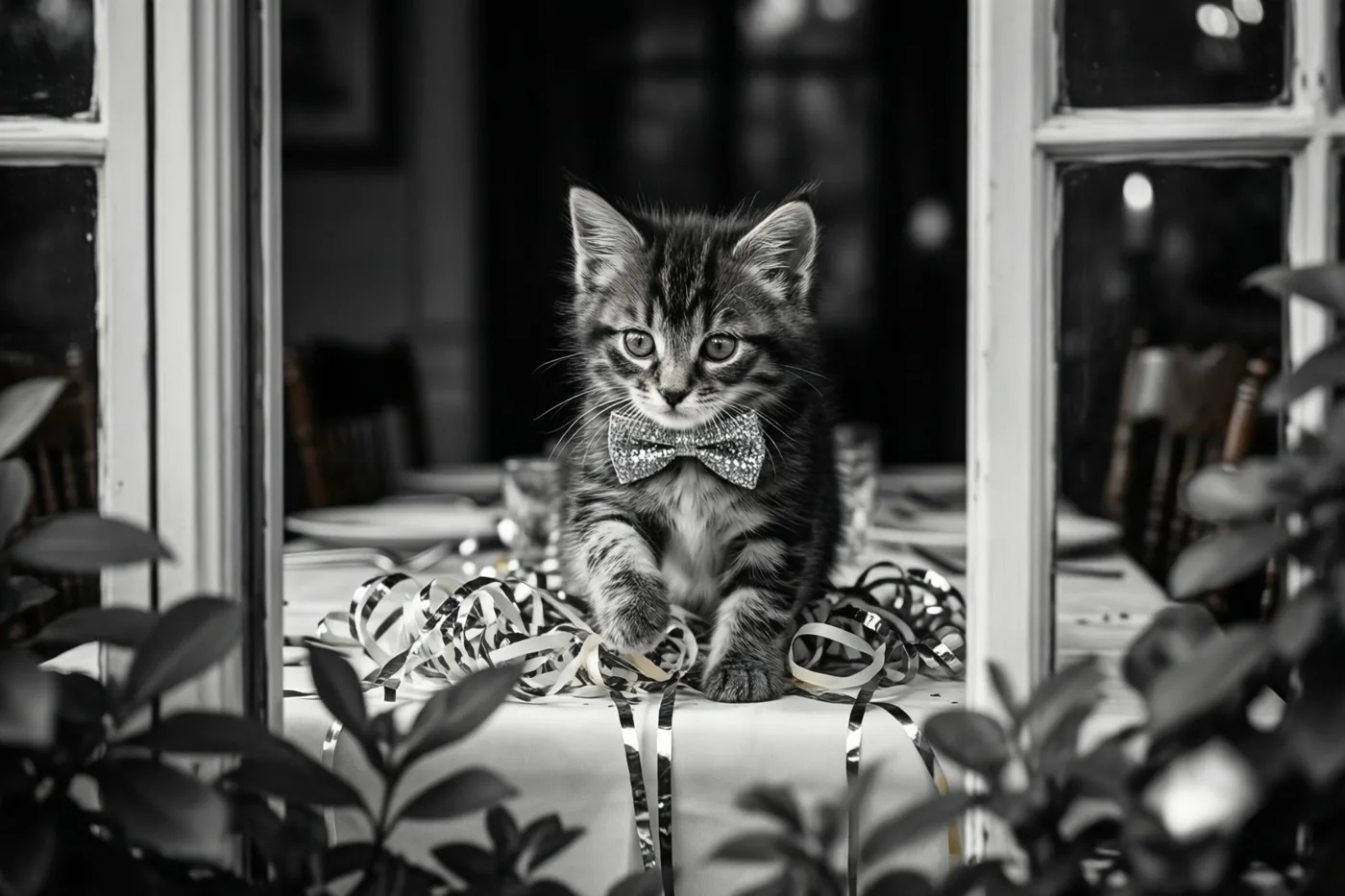 Een klein gestreept katje met een glinsterend strikje zit op een tafel met zilveren serpentines, omkaderd door raamstijlen en wazig gebladerte op een zwart-witfoto.