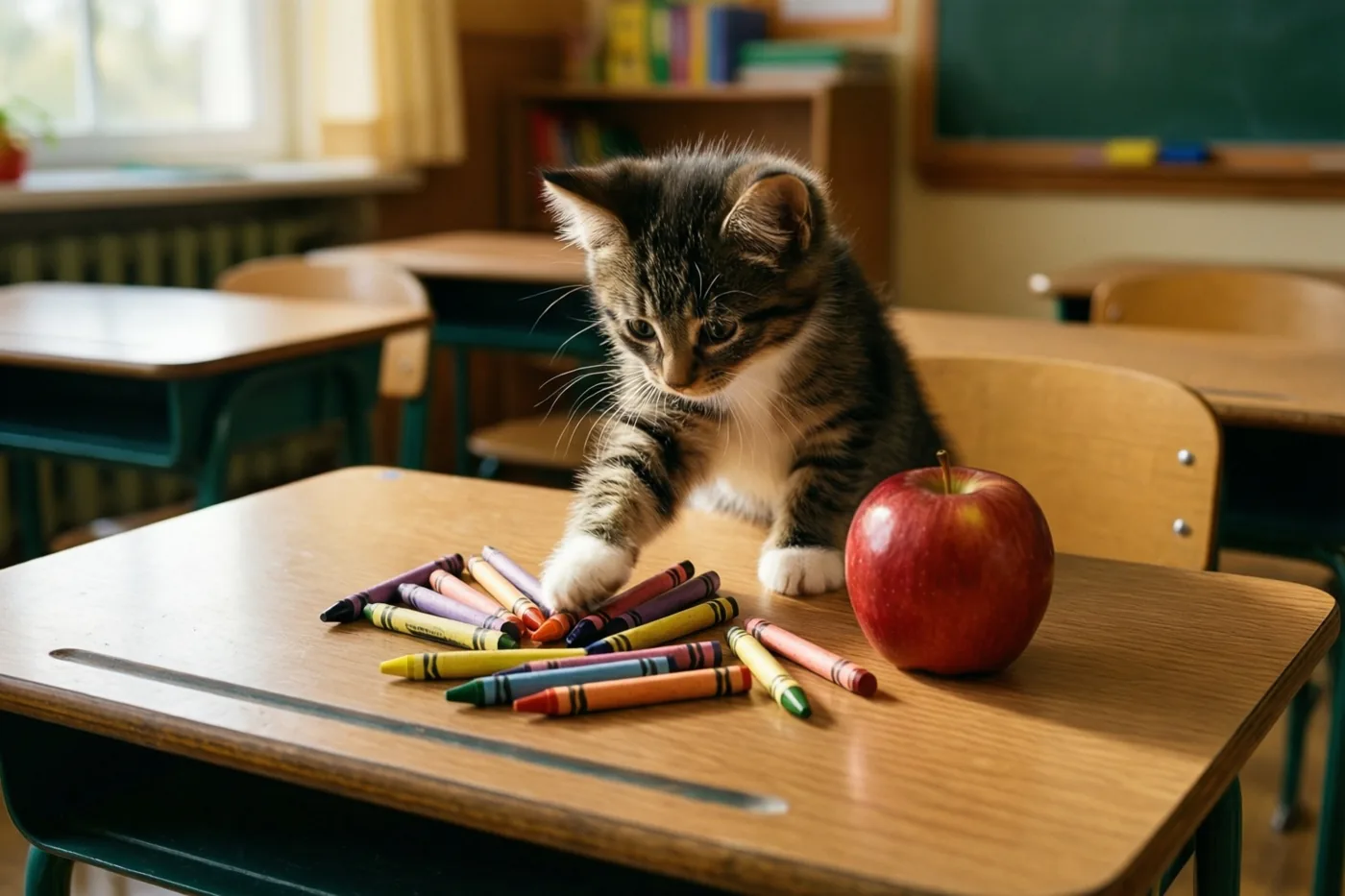 Een gestreept katje zit op een houten schoolbank en tikt tegen een hoopje kleurrijke waskrijtjes naast een glanzende rode appel, met houten banken en een schoolbord in warm daglicht.