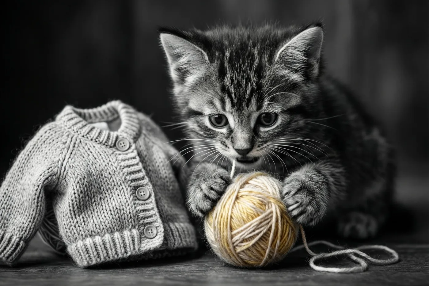 Een klein gestreept katje houdt een bol wol tussen zijn pootjes naast een halfgebreid babyvestje op een donker houten oppervlak.