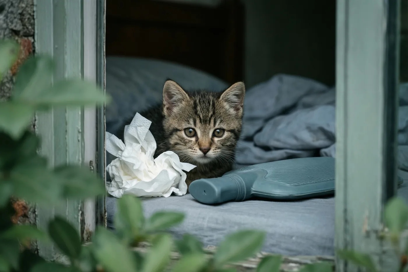 Een gestreept katje kijkt van achter een verfrommeld wit zakdoekje op een bed naast een blauwe warmwaterkruik, gezien door een raamkozijn met groen gebladerte op de voorgrond.