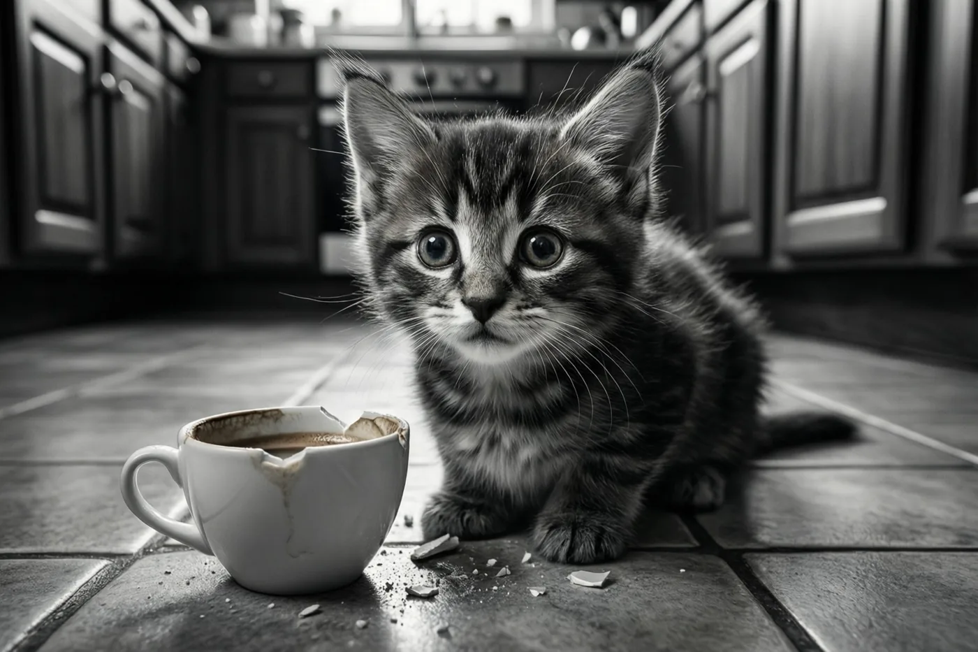 Een klein tijgerkatje met grote ogen zit op een betegelde keukenvloer naast een gebroken koffiekop en gemorste vloeistof op een zwart-witfoto.