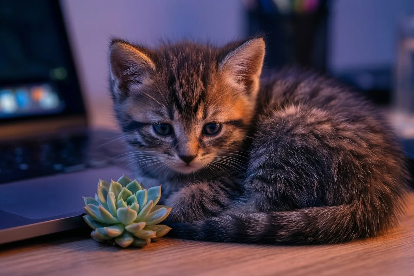 Een klein gestreept katje ligt opgerold op een houten bureau naast een vetplantje, met een deels zichtbare laptop op de achtergrond.