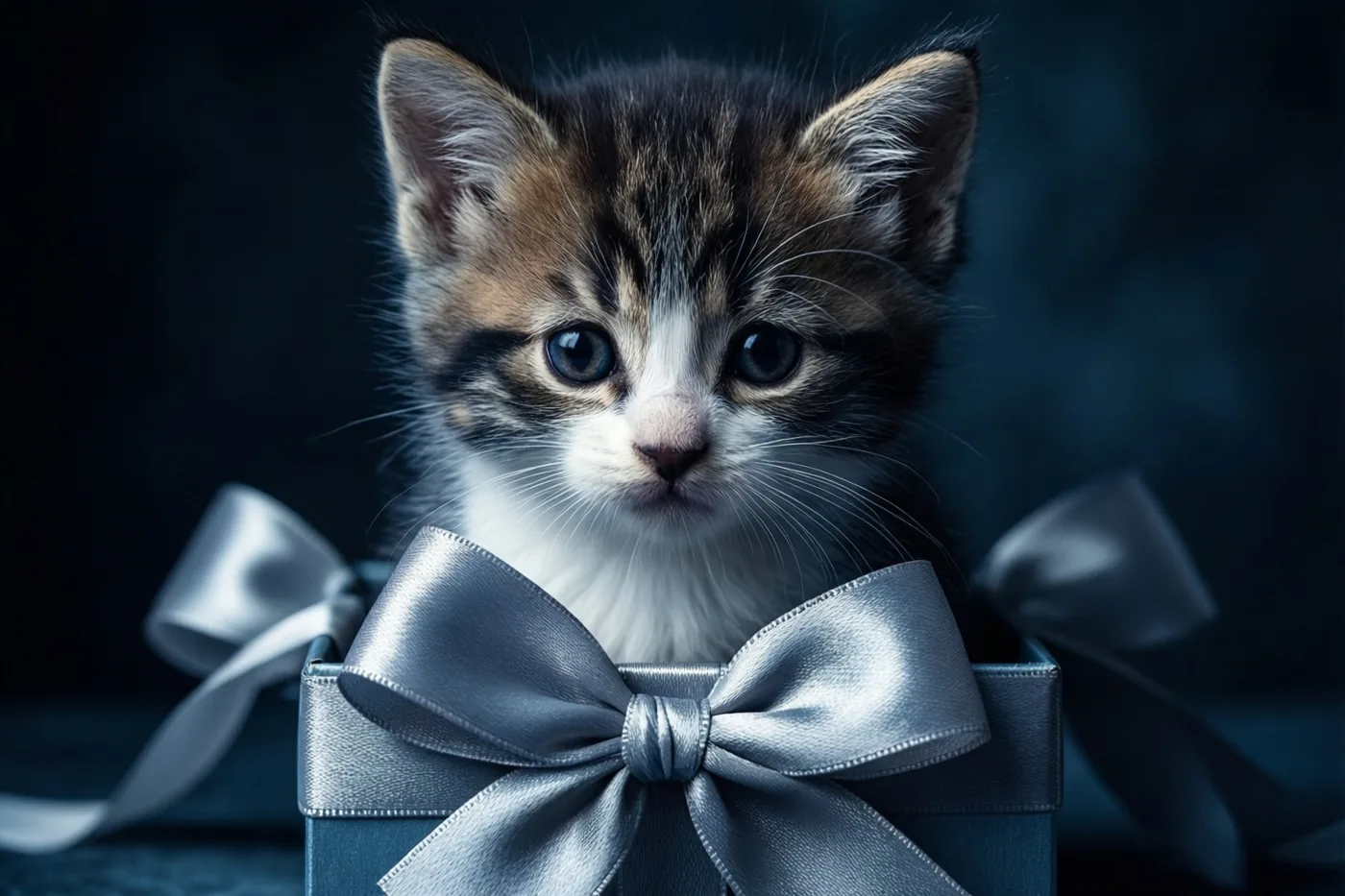 Een klein gestreept katje met blauwe ogen piept uit een donkere geschenkdoos met een grote zilveren strik tegen een donkere achtergrond in blauwe en zilveren tinten.