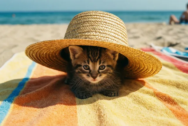 Een katje op strandvakantie