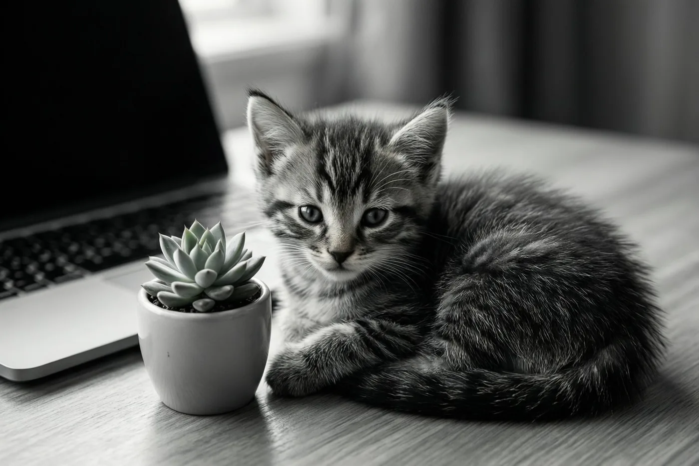 Op deze zwart-witfoto ligt een gestreept katje opgerold op een houten bureau naast een vetplantje, met een laptop op de achtergrond.