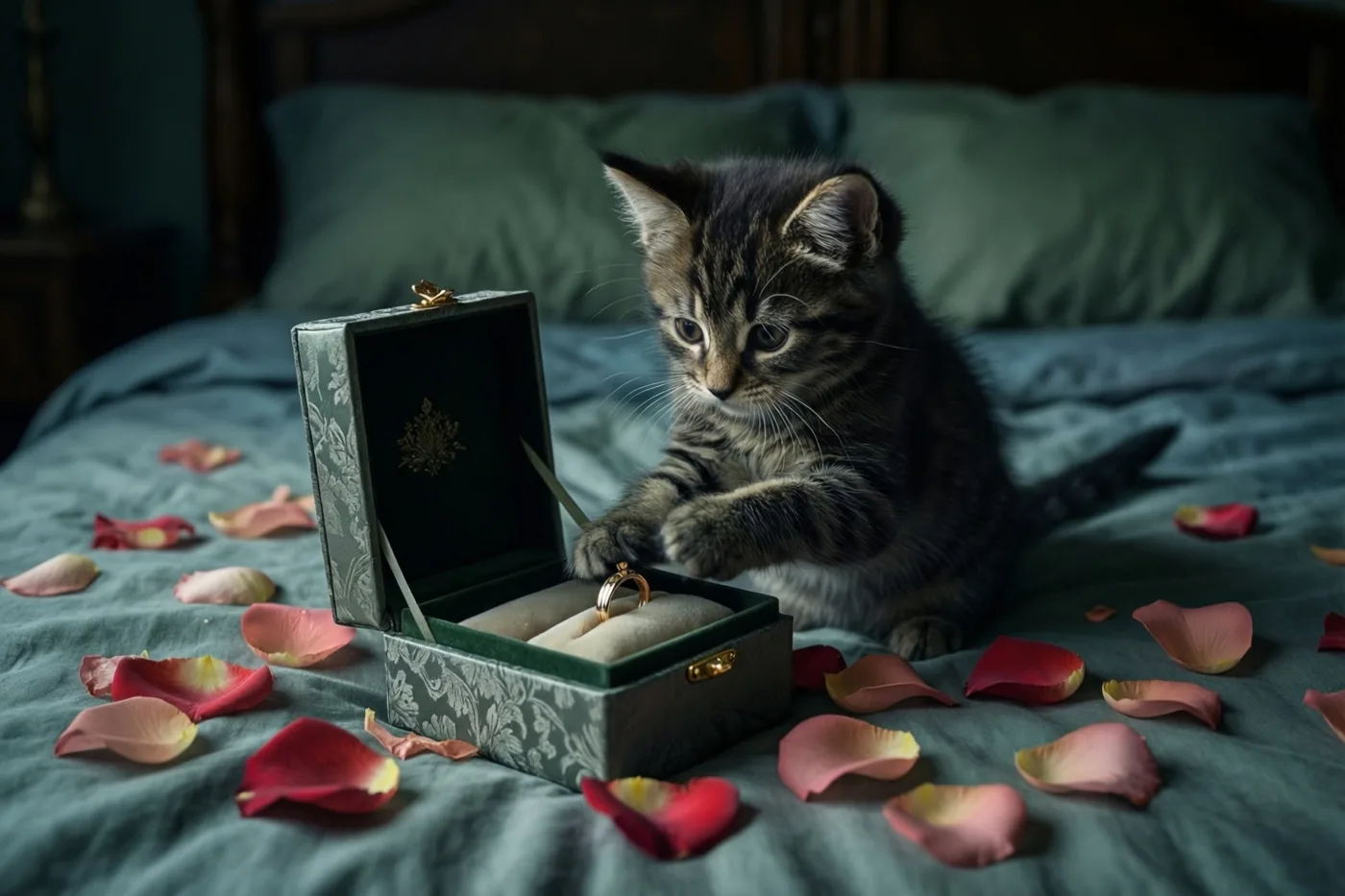 Een klein gestreept katje zit op groen beddengoed met rozenblaadjes en tikt tegen een open, versierd ringdoosje met een gouden ring.