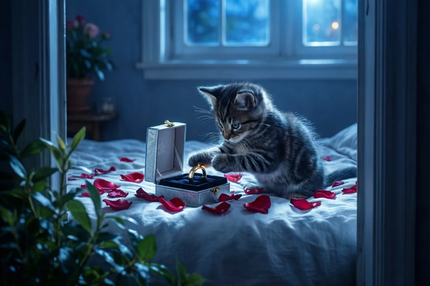 Een gestreept katje zit op een bed tussen rode rozenblaadjes en tikt tegen een open doosje met een gouden ring in een schemerige slaapkamer met een raam op de achtergrond.