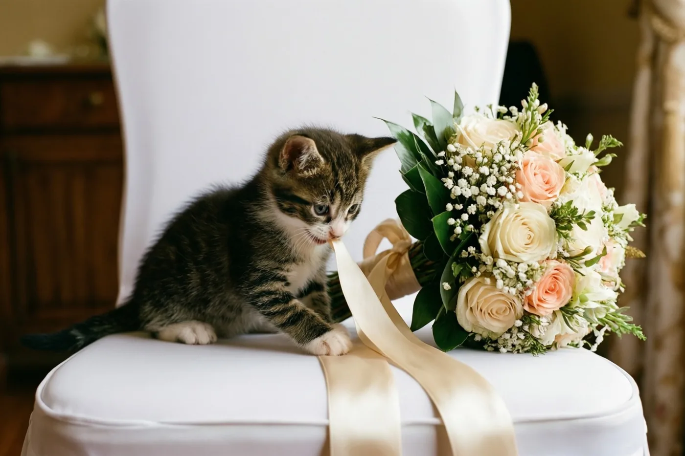 Een gestreept kitten zit binnen op een witte stoel en speelt met het satijnen lint van een bruidsboeket met pastelroze en crèmekleurige rozen en groen in zacht licht.