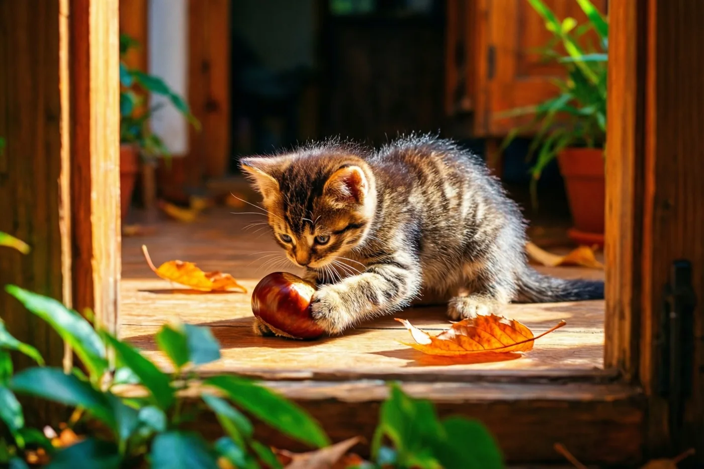 Een klein gestreept katje speelt met een glanzende kastanje op een houten vloer tussen enkele oranje herfstbladeren in warm zonlicht.