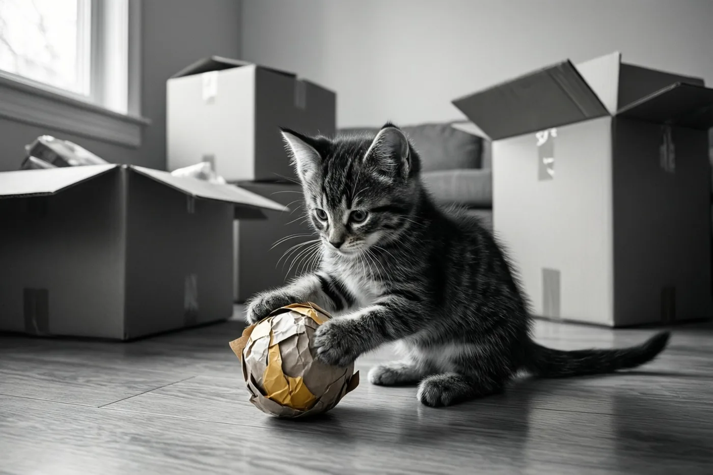 Een klein gestreept katje speelt met een prop bruin inpakpapier op een houten vloer, met enkele open verhuisdozen op de achtergrond.