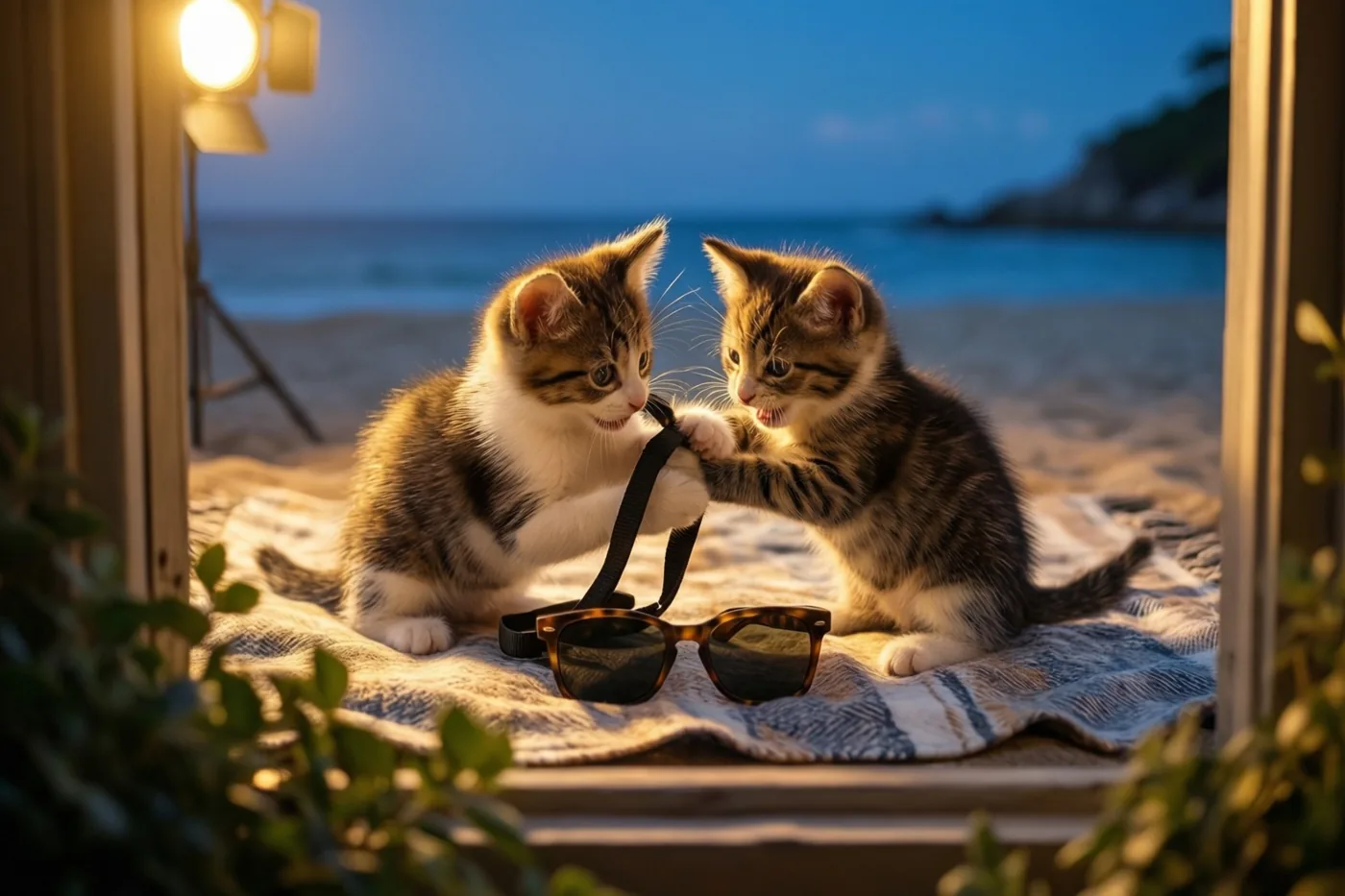 Door een raam zijn twee gestreepte katjes te zien die bij schemering met het koordje van een zonnebril spelen op een stranddeken met een patroon, in warm licht voor een blauwe zee.