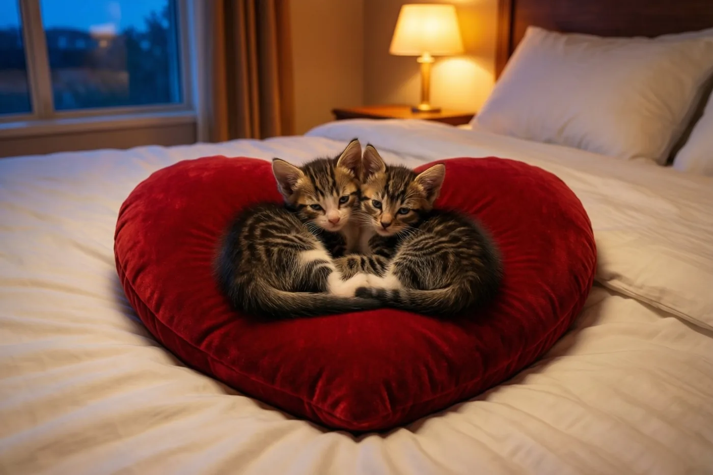 Twee gestreepte kittens liggen samen opgekruld op een rood fluwelen hartvormig kussen op een wit bed, met een blauwe avondlucht achter het raam en een warm brandend nachtlampje.