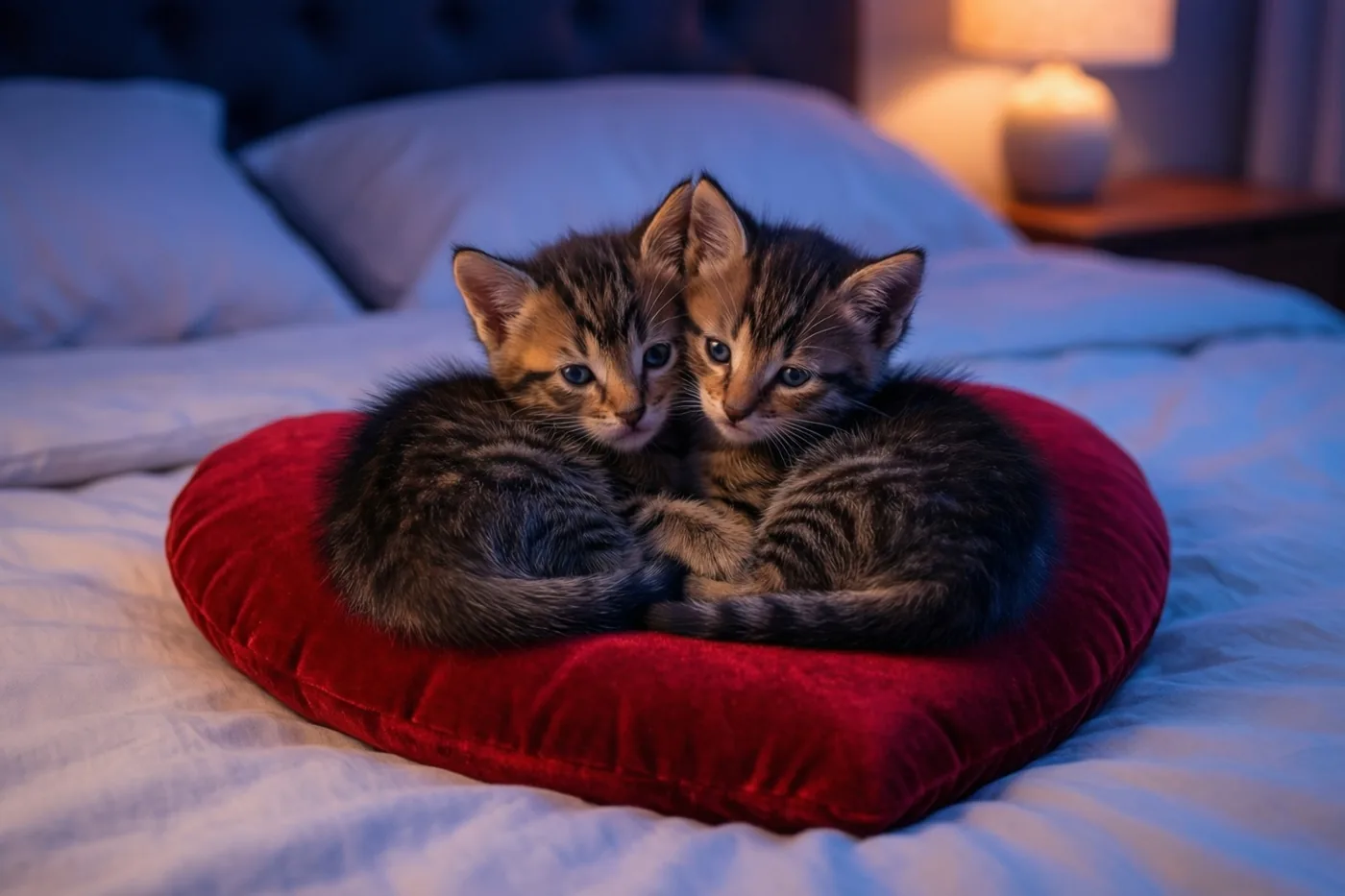 Twee gestreepte kittens liggen samen opgekruld op een rood fluwelen hartvormig kussen op een wit bed, bij het zachte licht van een nachtlampje.