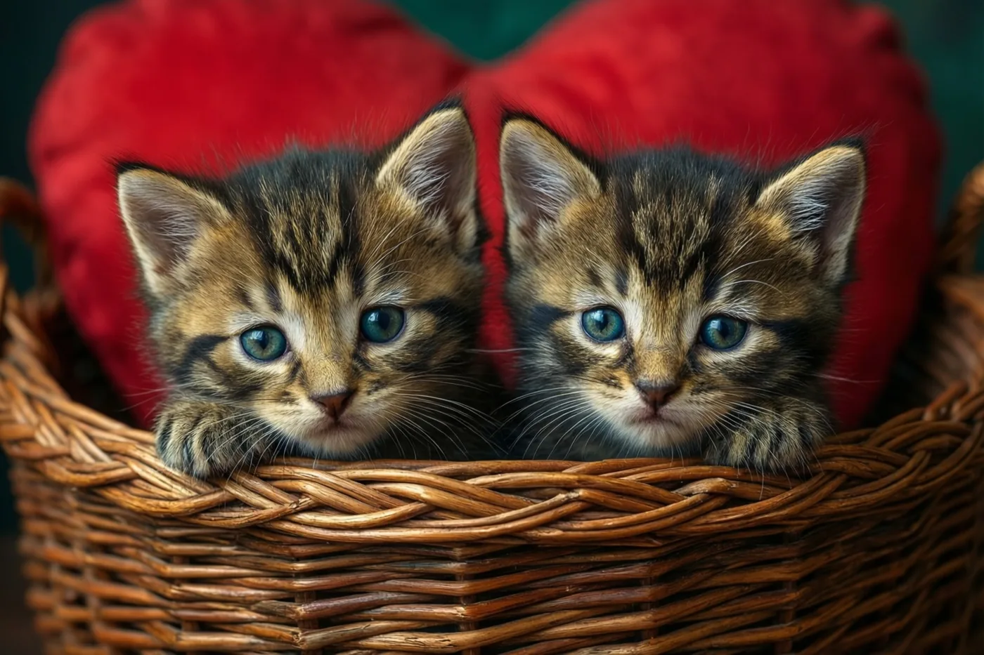 Twee gestreepte katjes met blauwe ogen kijken over de rand van een rieten mand met een rood hartvormig kussen tegen een donkergroene achtergrond.