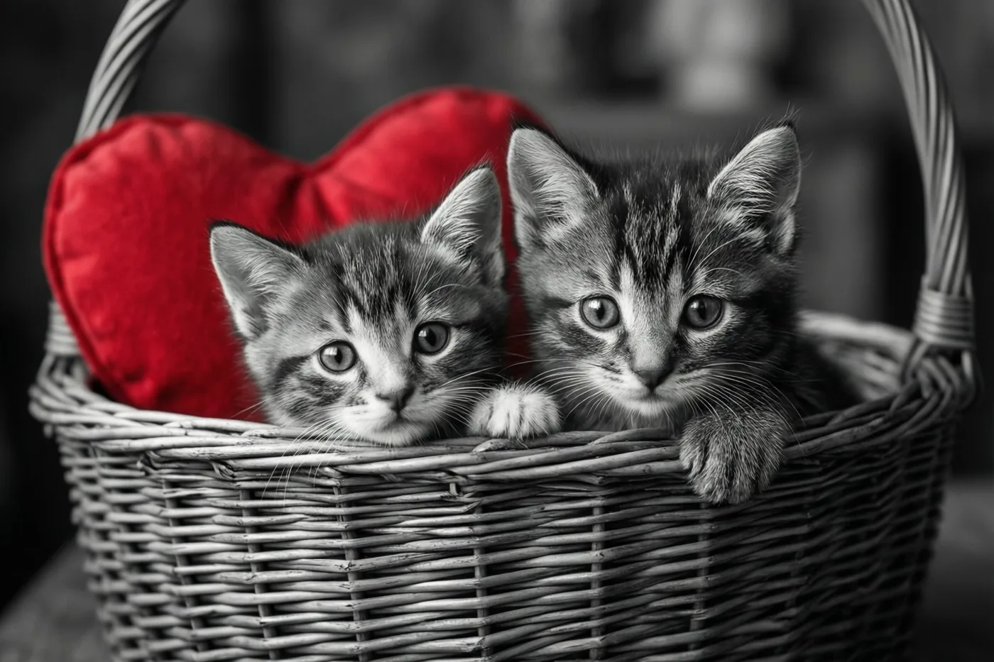 Twee gestreepte katjes kijken over de rand van een rieten mand met achter hen een rood hartvormig kussen dat als enige kleur opvalt in het verder zwart-witte beeld.