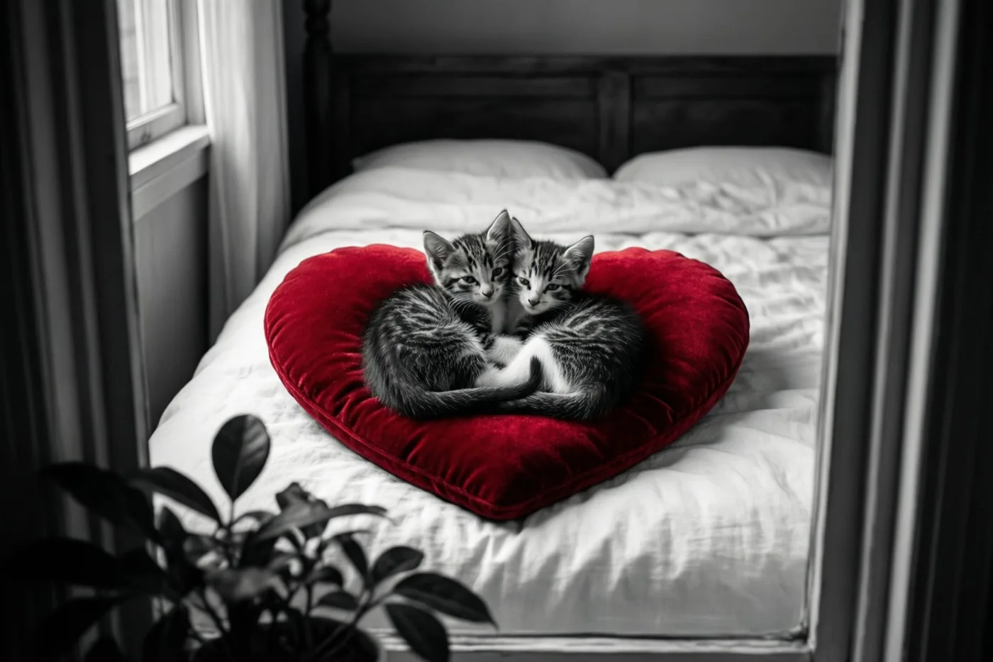 Twee gestreepte kittens liggen op een rood fluwelen hartvormig kussen op een wit bed, gezien door een deur- of raamkader met een potplant vooraan en een monochrome achtergrond.