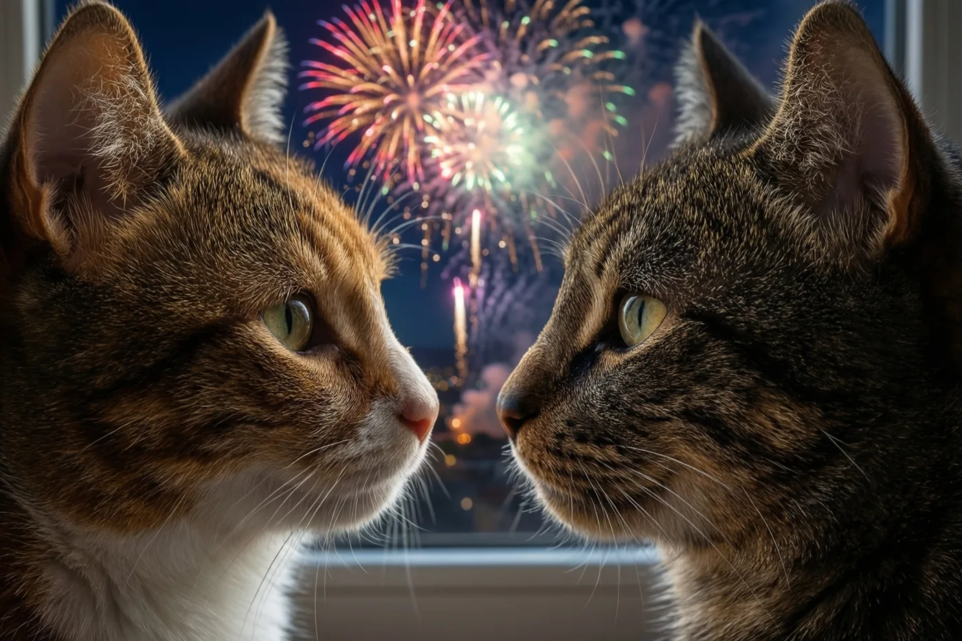 Twee katten met bruin-witte vachten zijn in profiel naar elkaar gericht bij een raam en kijken naar rood, groen en geel vuurwerk aan een diepblauwe nachthemel.